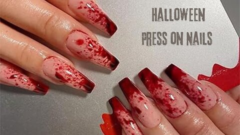 Halloween Press-On Nails | Long Square Coffin Nails with White French Tip & Red Blood Drop Design.