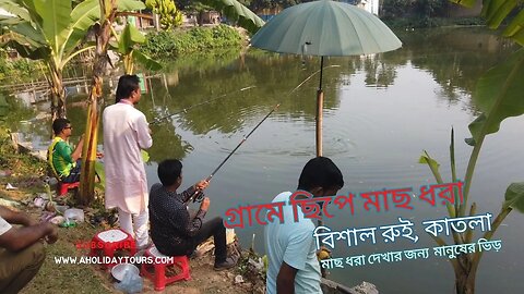 গ্রামের বিশাল রুই, কালবাউস, কাতলা ছিপে মাছ ধরা দেখার জন্য মানুষের ভিড়