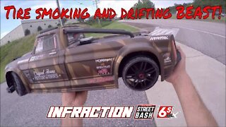 NEW Arrma Infraction 6s 85 mph stock run! Tire smoking and drifting beast!