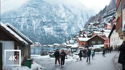 Snowy Scenic Winter Walk In Hallstatt, Austria, Morning Binaural Winter Sounds ❄️