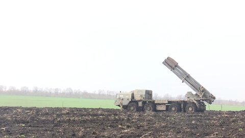 Russian Smerch multiple-launch rocket systems fire at weapons and equipment of Ukrainian forces