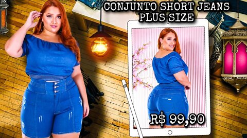 🛑 CONJUNTO PLUS SIZE JEANS SHORT E BLUSINHA CIGANINHA