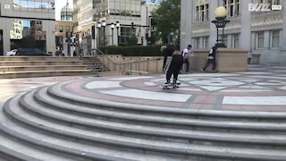 Skateboarder turns failed jump into impressive trick