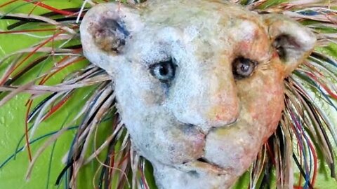 Paper Mache Lion Display Mask, with Wire Mane