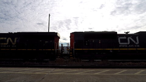 Manifest Train Westbound 485 CN 8868 & CN 2325 Locomotives In Ontario