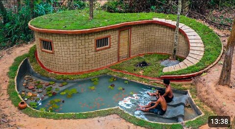 How To Build A Holiday Home With Green Roof With Fish Ponds in Forest