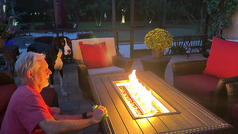 Wise Great Dane & Cat Stand Back For Dad's 1st Lighting Of Fire Table - Fume Flame Warning