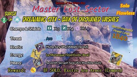 Destiny 2 Master Lost Sector: Dreaming City - Bay Drowned Wishes on Arc Titan Solo-Flawless 11-4-23