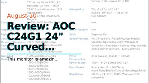 Review: AOC C24G1 24" Curved Frameless Gaming Monitor, FHD 1080p, 1500R VA panel, 1ms 144Hz, Fr...