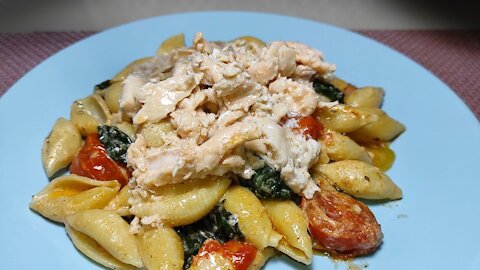 Salmon pasta with creamy sauce.