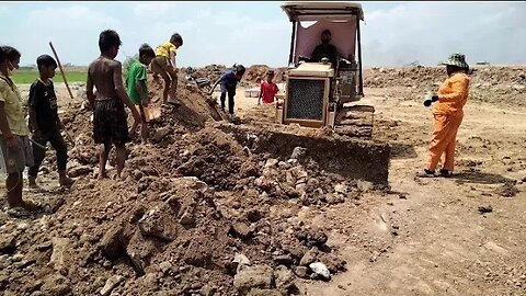 Mini Bulldozer Clearing Trash With 5TDump Truck Dumping Trash