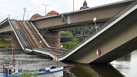 A large part of a bridge fell into river in Dresden, Germany