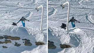 Dad Pushes Kid In Stroller While He's Skiing