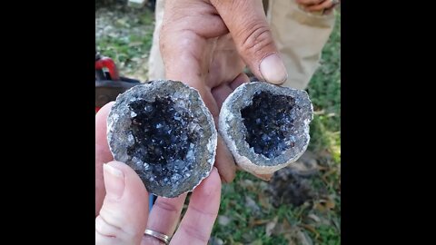 Cracking open a smoky quartz geode. With copper inclusions.