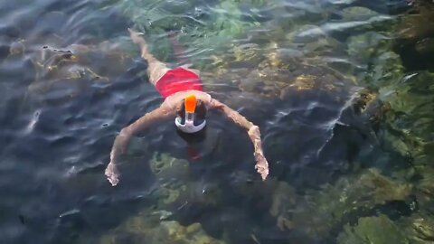 Young woman snorkeling in the blue tropical water wearing red swimsuit