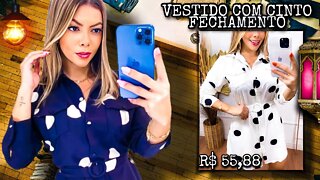 Vestido Manga Longa Estampado Bolinhas Com Cinto Fechamento Botões/ Shopee