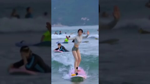 Newbie Hot Chinese Girl Try Her Hand At Surfing