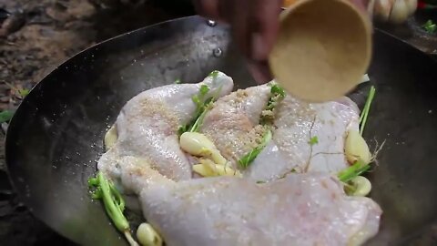 Cooking Coconut Chicken Leg Recipe eating so Yummy - Use Coconut water Cook Chicken Meat in Fry P-12