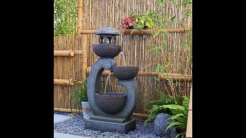 35.5” Zen Pagoda Outdoor Water Fountain with LED Lights & Pump