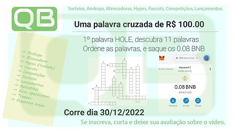 30/12/2022 - Palavra Cruzada, resolva e saque 0.08 BNB