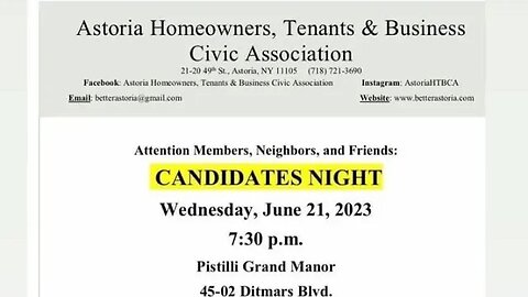 astoria Homeowners Tenant Business Civic Association Meet the Candidates Event inside 45-02 6/21/23