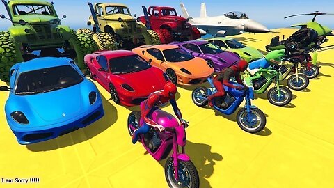 GTA V Mega Ramp On Bikes, Fighter Jets & Boats By Monster Trucks , Cars Spider man Racing Challenge