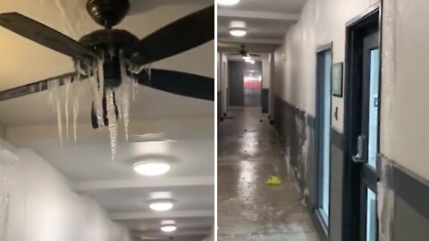 Water pipe bursts in Dallas apartment building during snowstorm