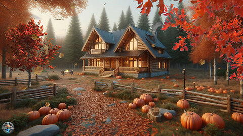 Autumn ambience with country house, pumpkins, and leaves drifting past