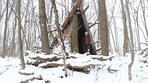 Winter Bushcraft Camping at -15 °С _ 5 °F in Natural Shelter, Campfire Cooking. ASMR