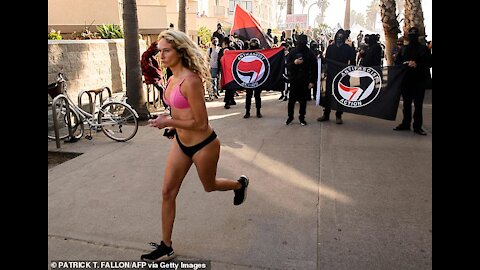 Fascists in black, clash with MAGA / Trump supporters in San Diego, Patriot march, Pacific Beach