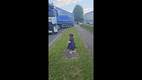 Baby girl waits for her father every day with his truck to hug and help him.