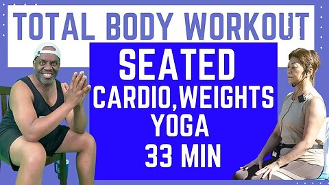 Total Body Chair Workout: 10 Min Seated Cardio, 10 Min Lifting Weights 10 Min Yoga Stretch.