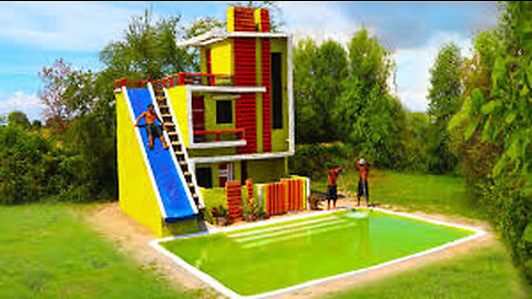 135 Days Of Build Three Story Mud Villa House And Water Slide To Underground Swimming Pool in Forest