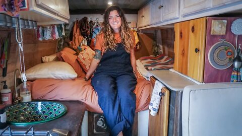 Solo Female Van Life | Beautiful DIY off grid sprinter built with reclaimed materials.