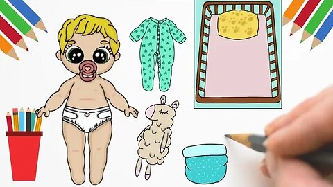 COMO DESENHAR BEBÊ DE PAPEL + BERÇO+ COBERTOR+ PELÚCIA DE OVELHA+ PIJAMA #bonecadepapel #paperdolls