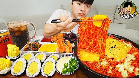 ASMR MUKBANG | fire noodle ramyeon, kimbap, kimchi recipe ! eating