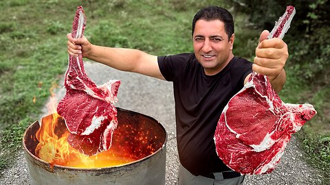 Recipe for Real Tomahawk Steaks on the Fire! Making a Homemade Barrel Grill for Outdoor Cooking