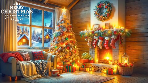 🎄New 2025: Merry Jazzmas Christmas Setting With Fireplace and Snow Outside