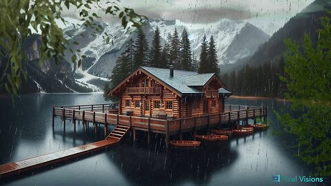 Lakeside ambience with log cabin during a calming thunderstorm