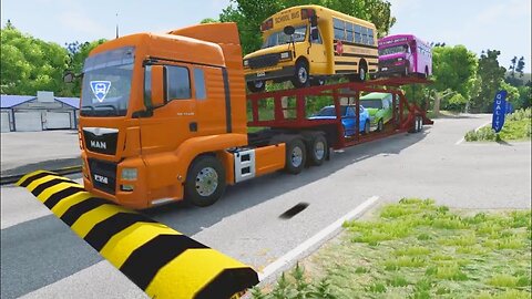 Double Flatbed Trailer Truck Vs Speed Bumps | Busses Vs Speed Bumps