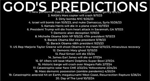 GOD'S PREDICTIONS: Harris crash 10/17; dirty bomb NYC 9/25; Trump death 11/7; Israel bomb Iran 10/9