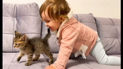 Cute Baby Meets New Baby Kitten for the First Time | Kids Video 2023