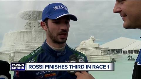 Alexander Rossi joins Brad Galli and Justin Rose in the Detroit Grand Prix winner's circle