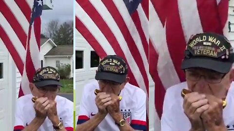 108 years old World War II Veteran play Patriot Harmonic United States Anthem