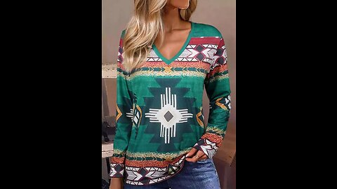 Aztec Geometric Long Sleeve V-Neck Blouse for Women