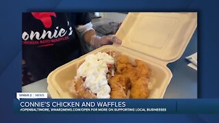 Connie's Chicken and Waffles says "We're Open Baltimore!"