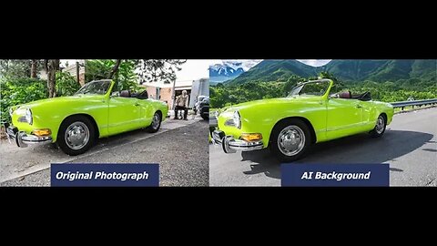 Comparison of Original to AI-Generated Photograph Backgrounds for a Classic 1974 VW Karmann Ghia.