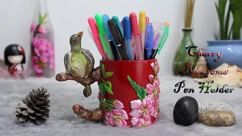 Cherry Blossoms inspired pen holder using damaged mug and polymer clay | Time-lapse Process