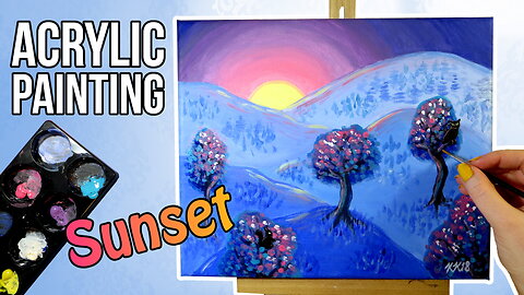 Blue Acrylic Mountain Sunset Landscape Painting with Colorful Trees