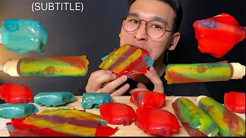 ASMR TIKTOK RAINBOW FROZEN FRUIT ROLL-UPS ICE CREAM DESSERT MUKBANG 신기한 얼리면 바삭해지는 젤리 아이스크림 먹방